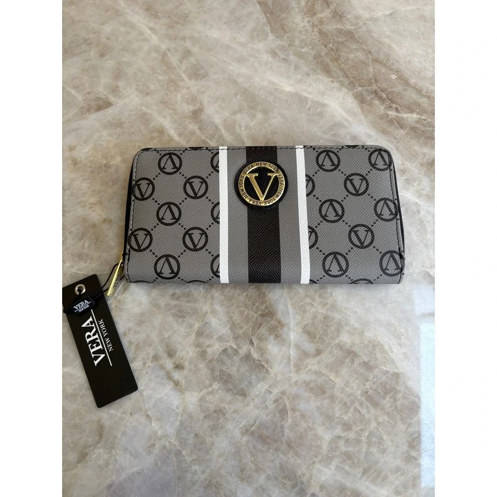 Vera Neumann Signature Zip Around Wallet Logo Grey Black VNWS22962 New NWT